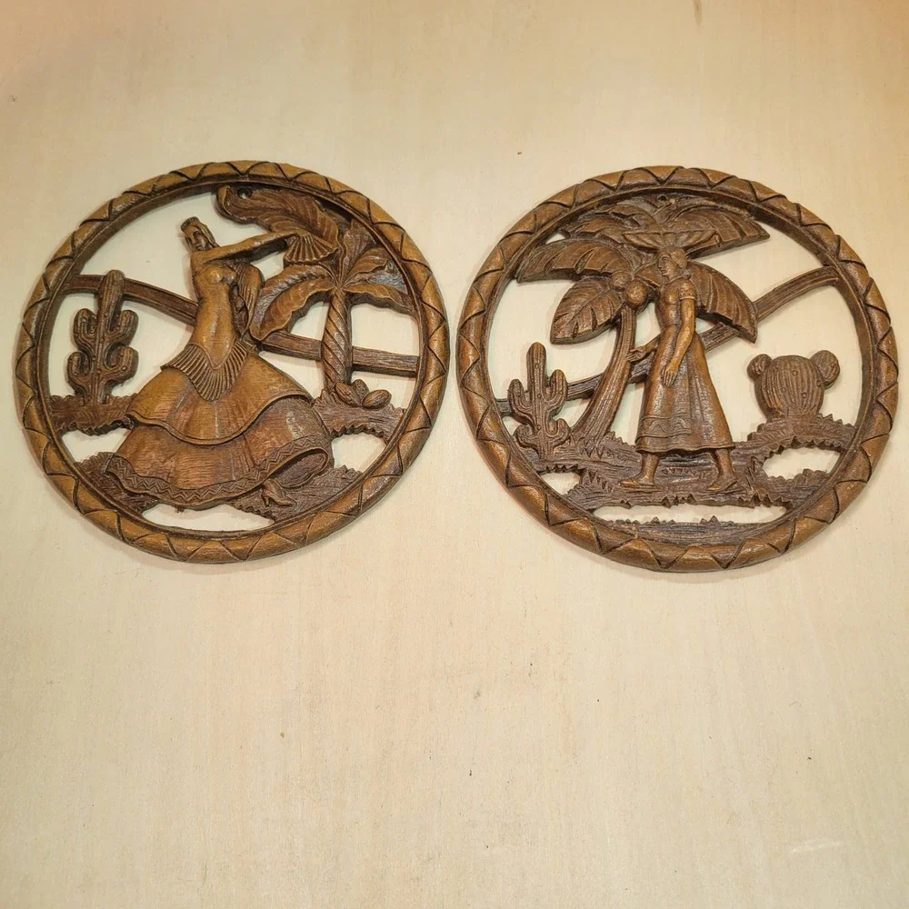 Vintage Syroco Wood Wall Art Set Southwestern‎ Desert Dancers Cacti Palm Trees